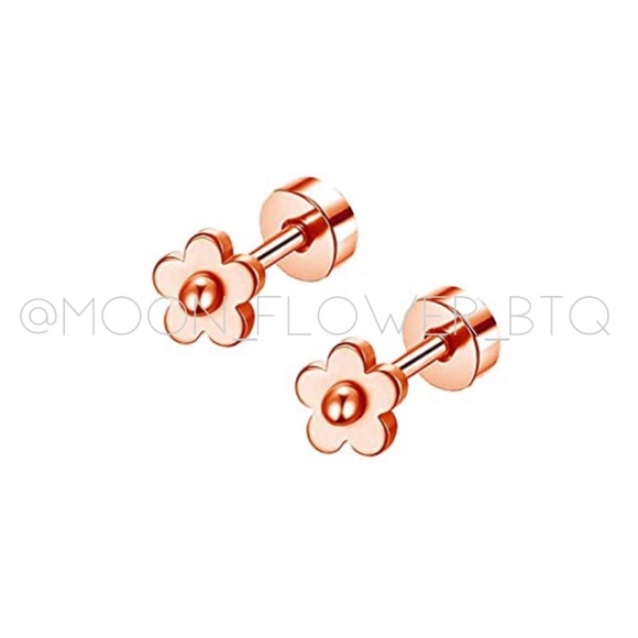 Tiny Rose Gold Retro Hippie Flower Earrings - Picture 6 of 6